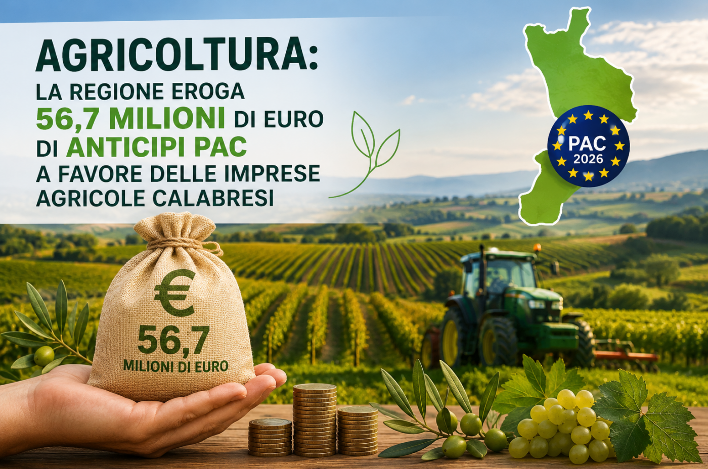 Agricoltura: la Regione eroga 56,7 milioni di euro di anticipi Pac a favore delle imprese agricole calabresi